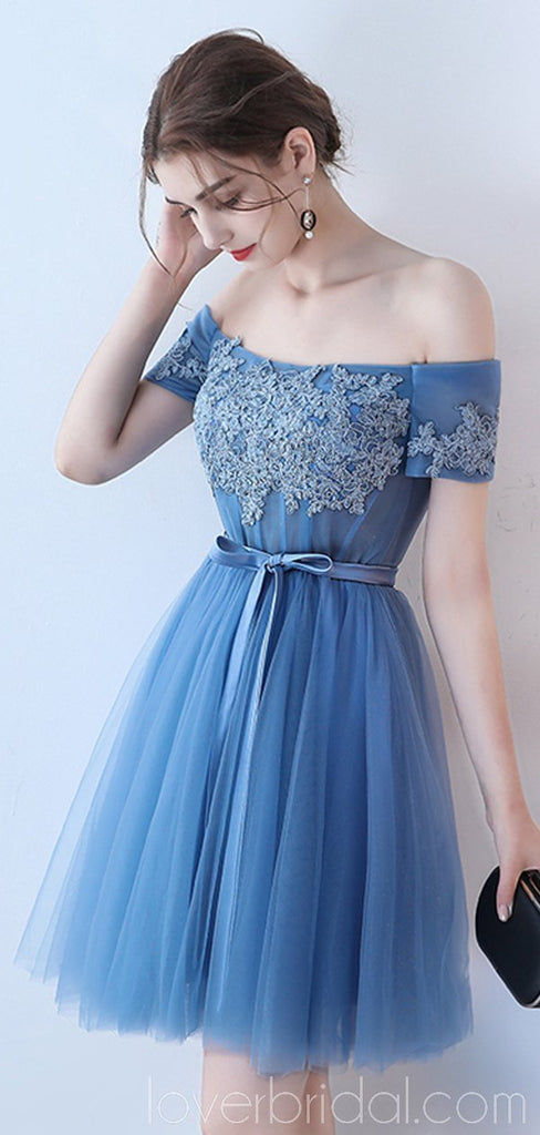 Short Sleeves Off Shoulder Blue Lace Cheap Homecoming Dresses Online, Cheap Short Prom Dresses, CM781