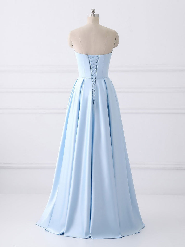Simple Cheap Strapless Sky Blue Beaded Long Evening Prom & Bridesmaid Dresses, 17348