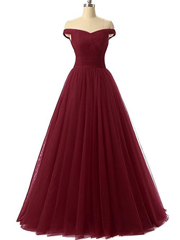 Simple Off Shoulder Red Tulle A-line Long Evening Prom Dresses, 17670