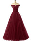 Simple Off Shoulder Red Tulle A-line Long Evening Prom Dresses, 17670