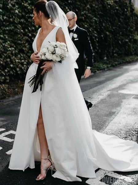 Simple V-Neck A-line Side Slit Cheap Wedding Dresses Online, Cheap Unique Bridal Dresses, WD605