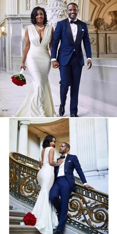Simple White Mermaid Deep V-neck Cheap Long Bridesmaid Dresses Online,WG1021