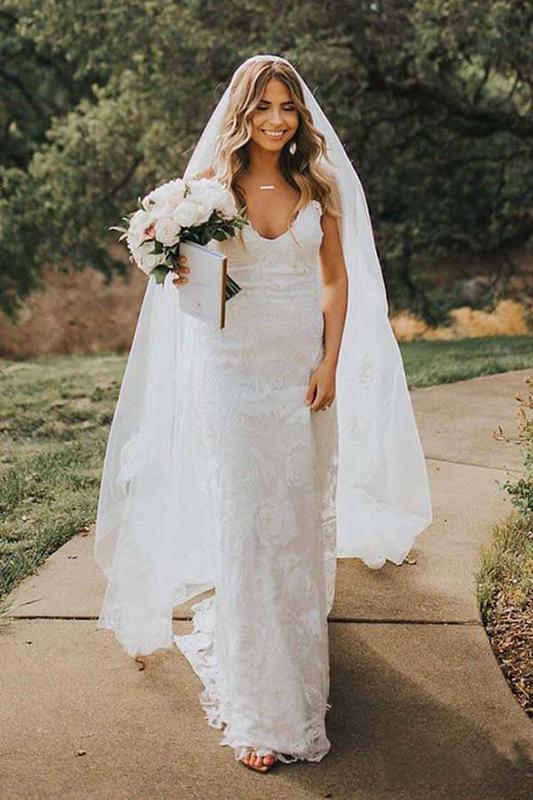 Spaghetti Straps Backless Long Mermaid Lace Wedding Dresses,WD747