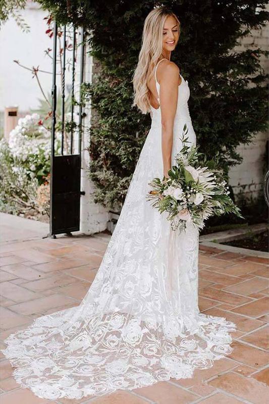 Spaghetti Straps Backless Long Mermaid Lace Wedding Dresses,WD747