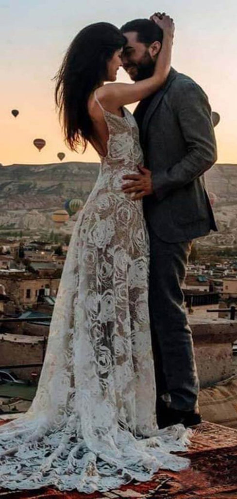 Spaghetti Straps Backless Long Mermaid Lace Wedding Dresses,WD747