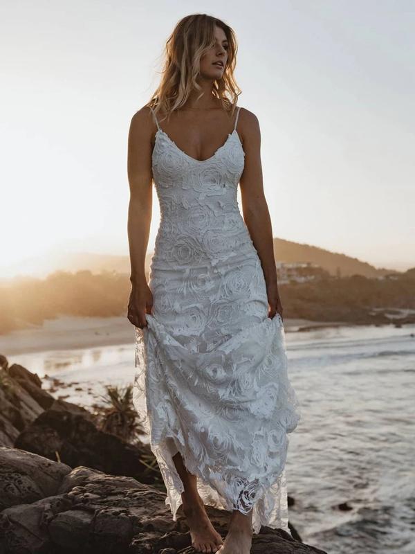 Spaghetti Straps Long Mermaid Backless Lace Wedding Dresses,WD735