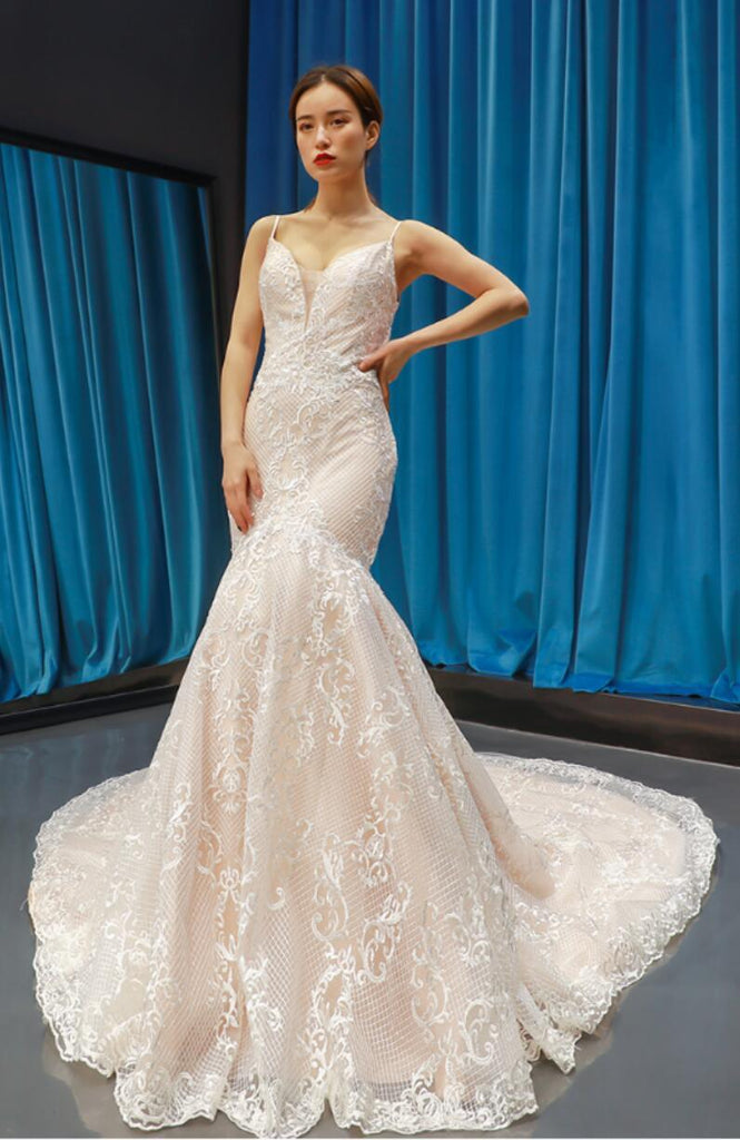 Spaghetti Straps V Neck Lace Mermaid Wedding Dresses, Cheap Wedding Gown, WD718