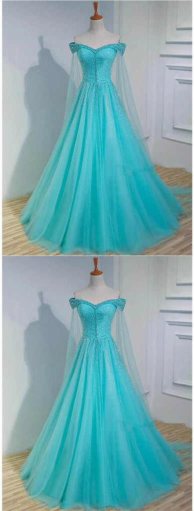Sparkly Blue A-line Off Shoulder Long Prom Dresses Online, Dance Dresses,12520