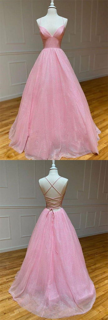 Sparkly Pink A-line Spaghetti Straps V-neck Backless Long Prom Dresses Online,12537