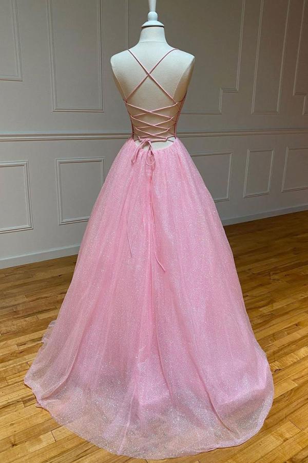 Sparkly Pink A-line Spaghetti Straps V-neck Backless Long Prom Dresses Online,12537