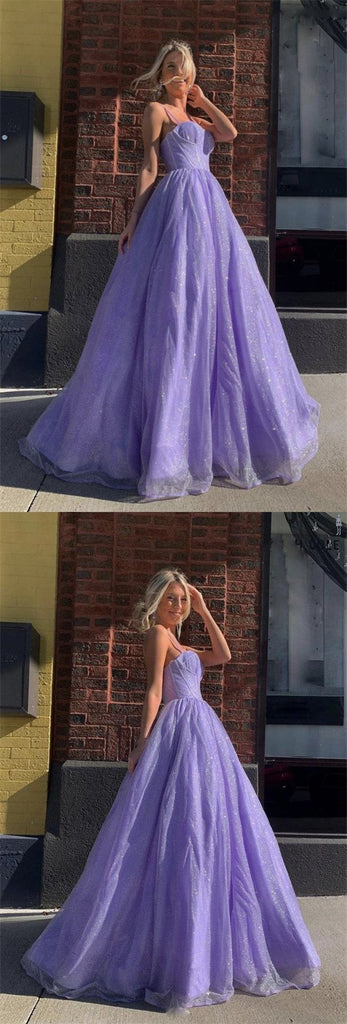 Sparkly Purple A-line Spaghetti Straps Cheap Long Prom Dresses Online,12501