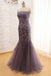 Strapless Grey Lace Mermaid Long Evening Prom Dresses, 17662
