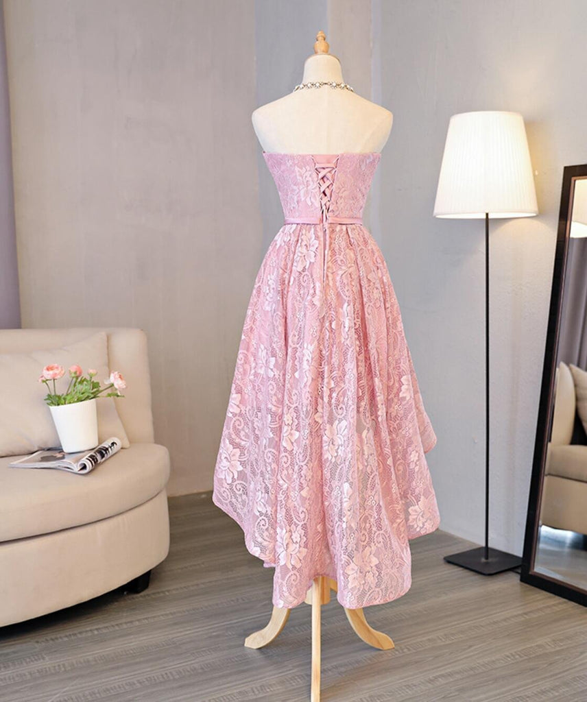 Strapless Lace High Low Pink Homecoming Prom Dresses, Affordable Short Party Prom Sweet 16 Dresses, Perfect Homecoming Cocktail Dresses, CM329