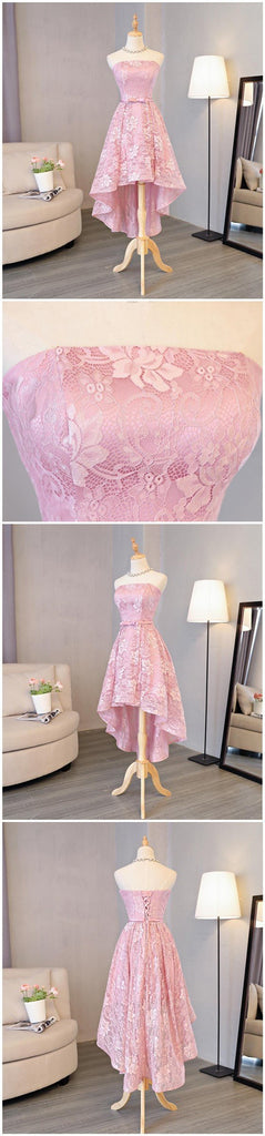 Strapless Lace High Low Pink Homecoming Prom Dresses, Affordable Short Party Prom Sweet 16 Dresses, Perfect Homecoming Cocktail Dresses, CM329