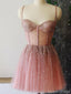Straps Rhinestone See Through Dusty Pink Homecoming Dresses Online, Cheap Short Prom Dresses, CM819
