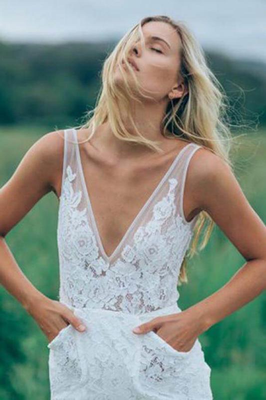 Straps V-neck Backless Long Mermaid Handmade Lace Wedding Dresses,WD775