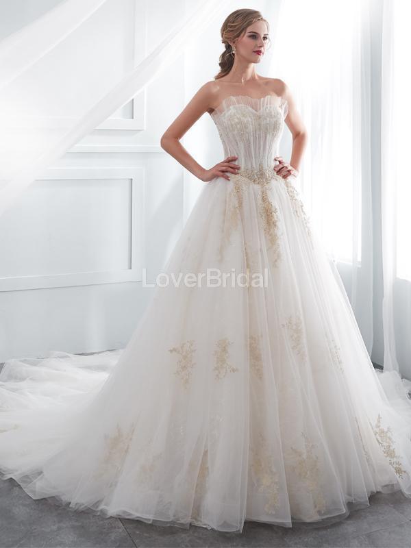 Sweetheart A-line Gold Lace Beaded Cheap Wedding Dresses Online, Cheap Bridal Dresses, WD571