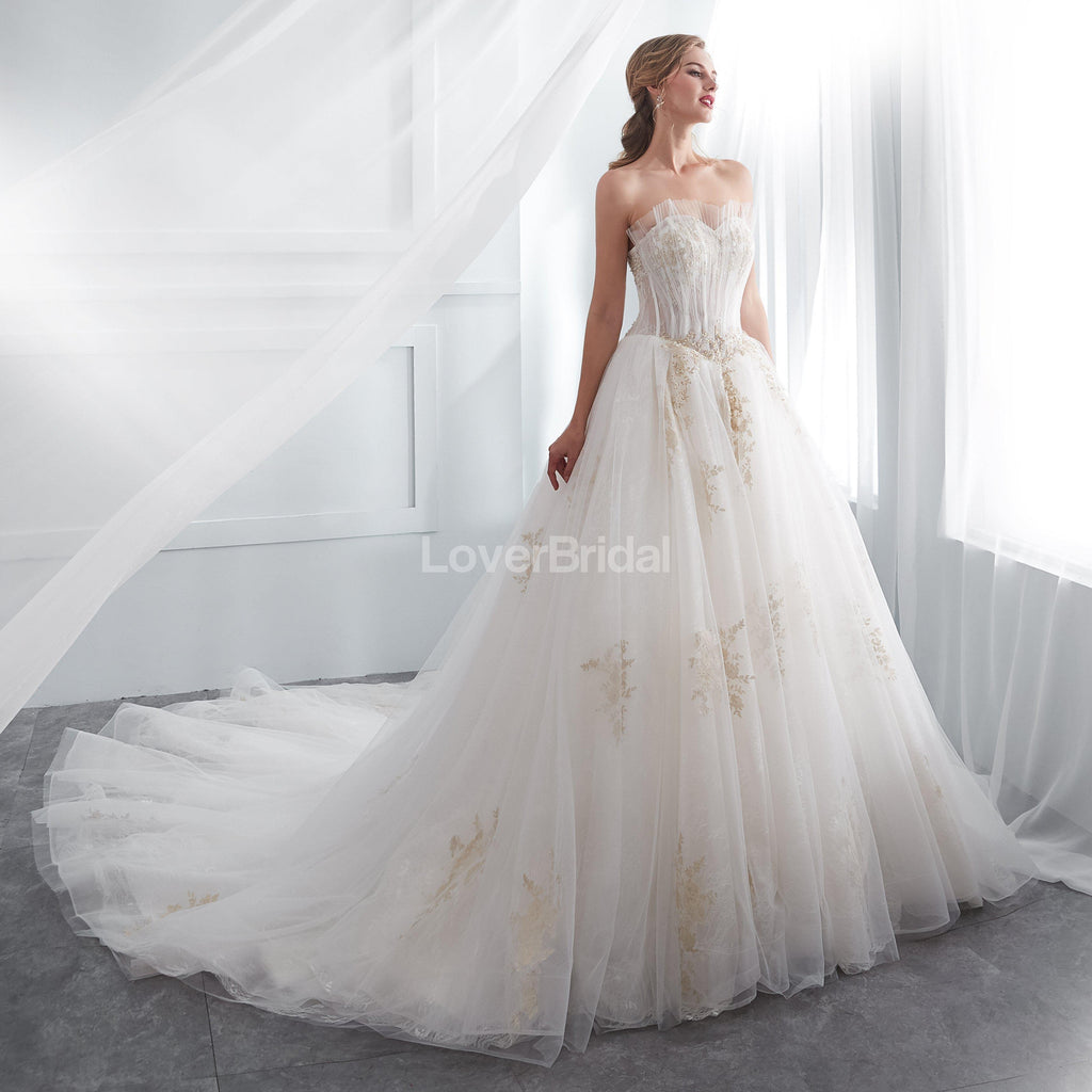 Sweetheart A-line Gold Lace Beaded Cheap Wedding Dresses Online, Cheap Bridal Dresses, WD571