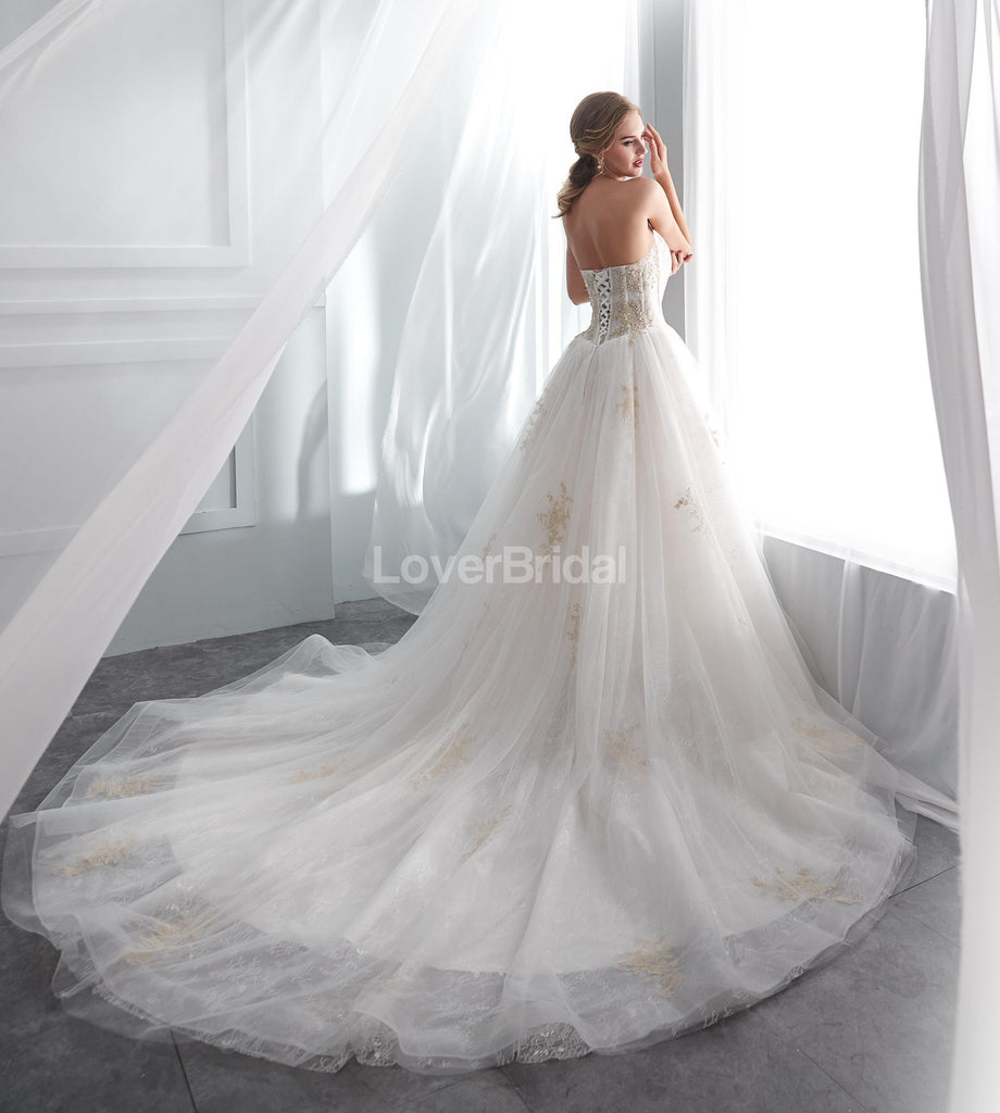 Sweetheart A-line Gold Lace Beaded Cheap Wedding Dresses Online, Cheap Bridal Dresses, WD571