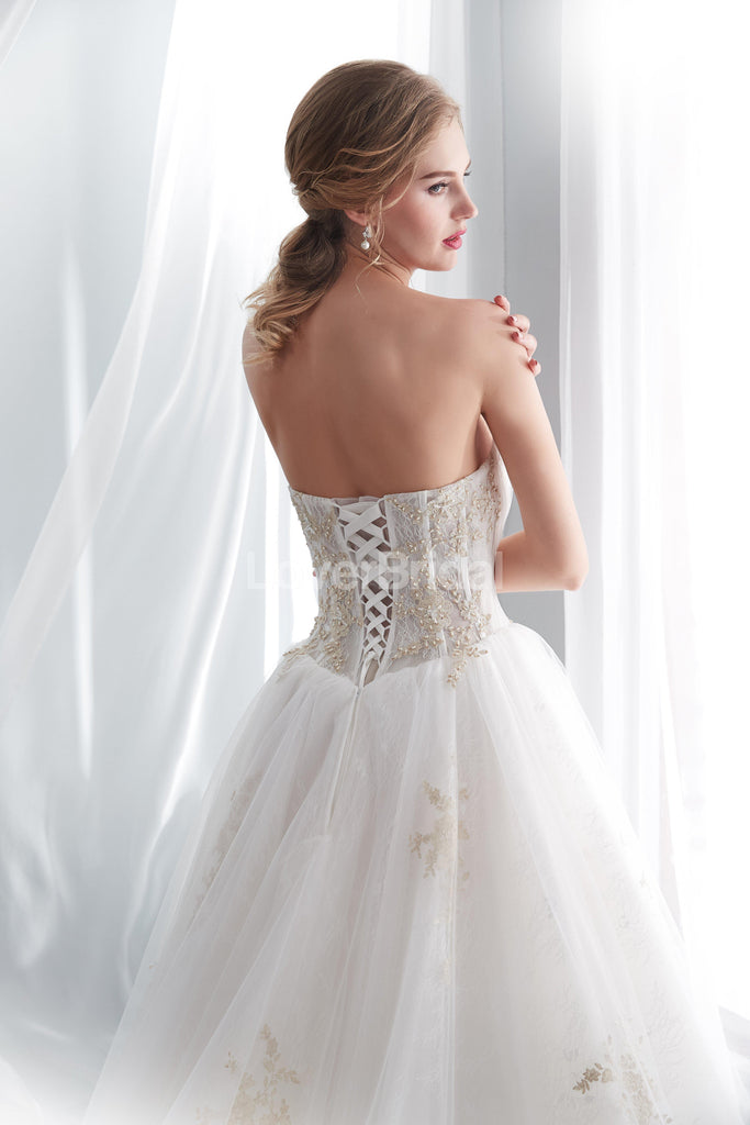 Sweetheart A-line Gold Lace Beaded Cheap Wedding Dresses Online, Cheap Bridal Dresses, WD571