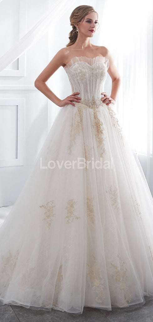 Sweetheart A-line Gold Lace Beaded Cheap Wedding Dresses Online, Cheap Bridal Dresses, WD571