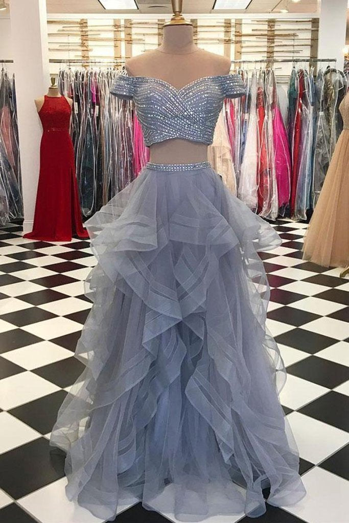 Two Pieces Off Shoulder Grey Beaded Custom Long Evening Prom Dresses, 17712