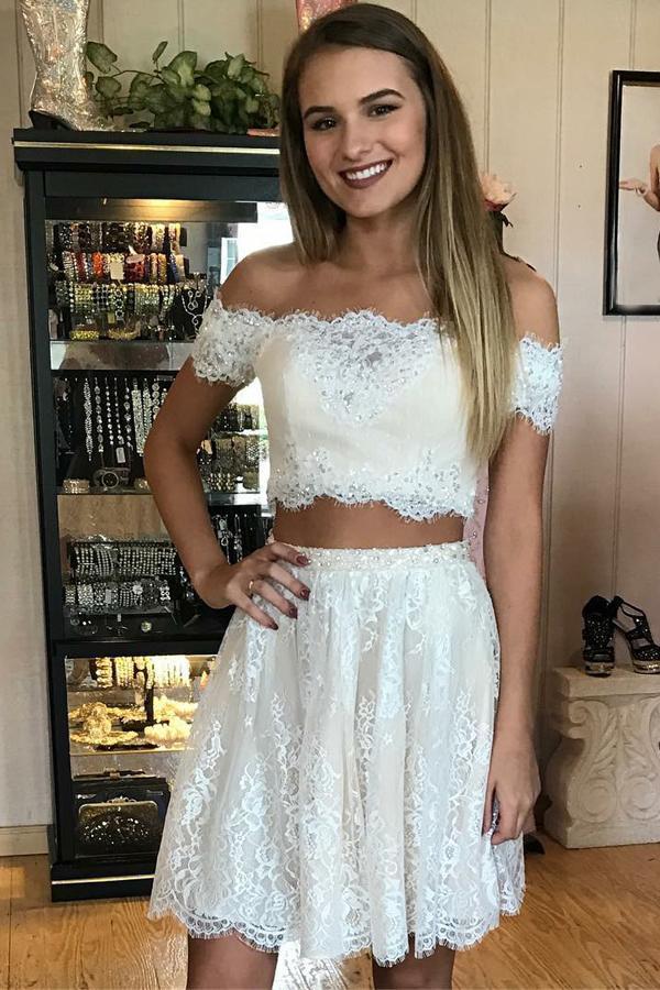 Two Pieces Off Shoulder Lace Cheap Short Homecoming Dresses Online, CM646