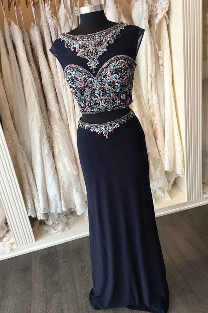 Two Pieces Open Back Navy Beaded Mermaid Long Evening Prom Dresses, 17663