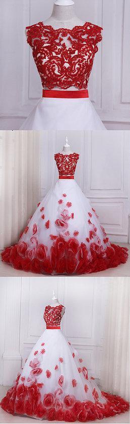 Two Pieces Red Lace Hand Made Flower A line Long Evening Prom Dresses, 17556