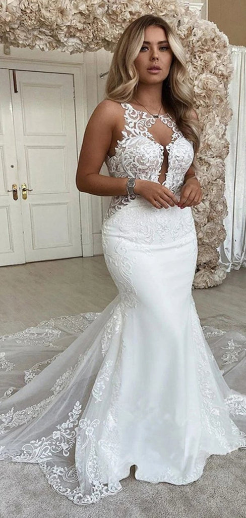 Unique Sleeveless Long Mermaid Backless Handmade Lace Wedding Dresses,WD730