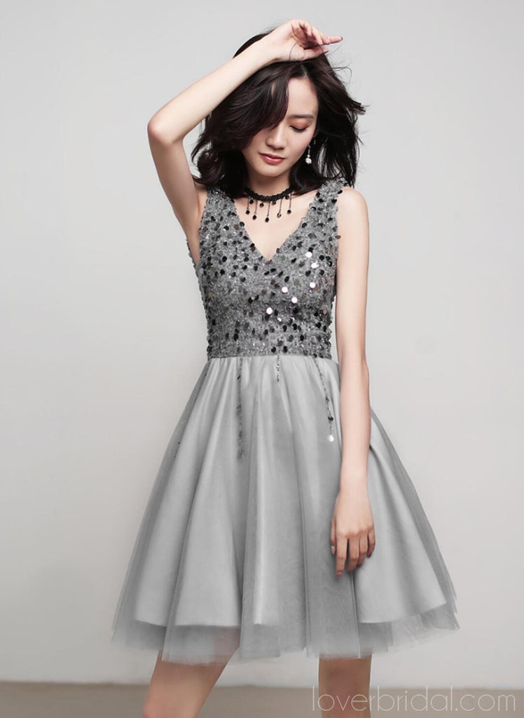 V Neck Grey Sequin Beaded Cheap Homecoming Dresses Online, Cheap Short Prom Dresses, CM763