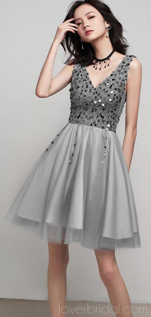 V Neck Grey Sequin Beaded Cheap Homecoming Dresses Online, Cheap Short Prom Dresses, CM763