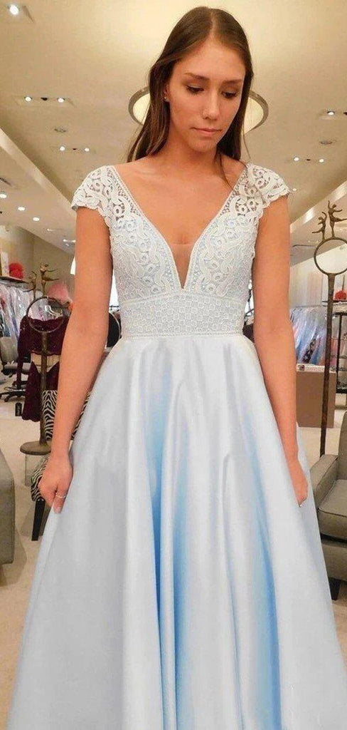 V Neck Lace Cap Sleeves Long Cheap Evening Prom Dresses, Evening Party Prom Dresses, 12345