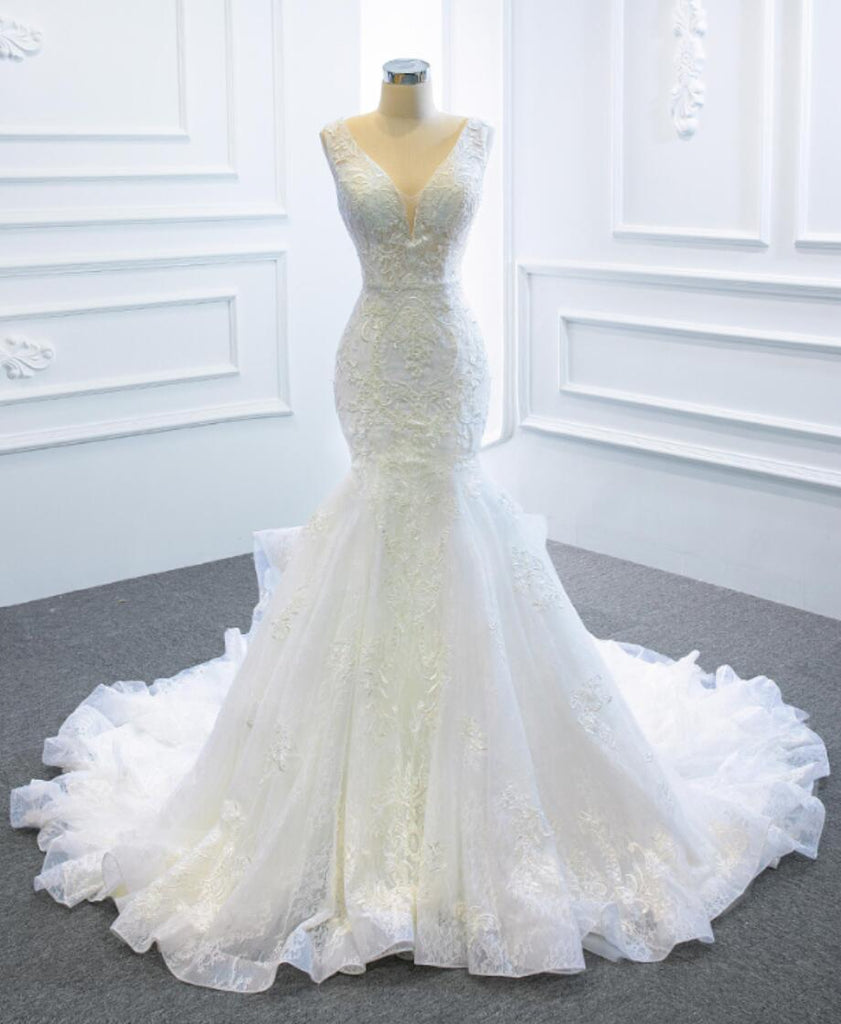 V Neck Organza Lace Mermaid Wedding Dresses, Cheap Wedding Gown, WD725