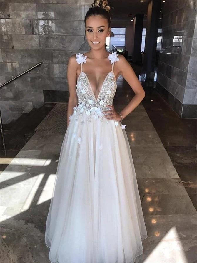 V Neck Spaghetti Straps Beading A-line Wedding Dresses, Cheap Wedding Gown, WD694