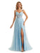 Blue A-line Spaghetti Straps V-neck High Slit Cheap Long Prom Dresses,12672