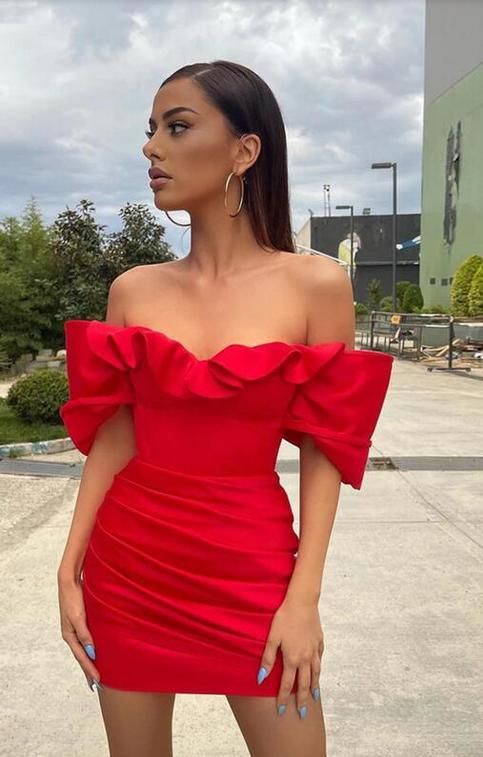 Simple Red Sheath Off Shoulder Mini Short Prom Homecoming Dresses Online,CM988