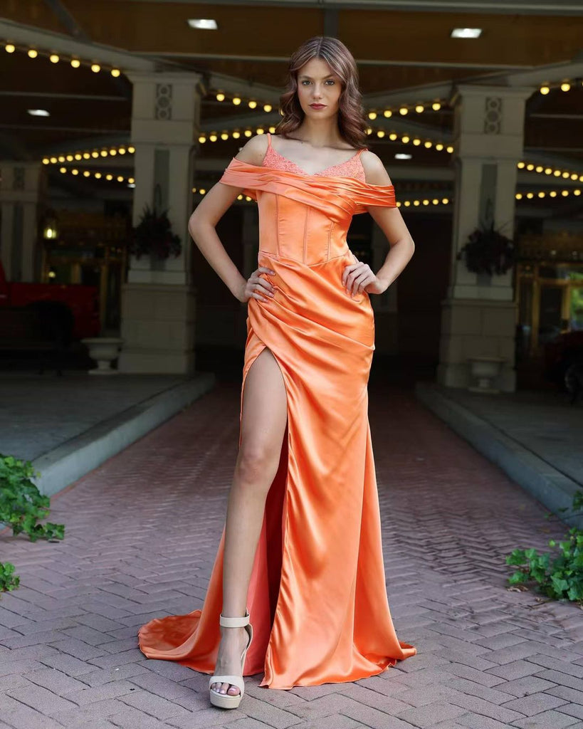 Sexy Orange Mermaid Side Slit Maxi Long Party Prom Dresses,Evening Dress,13360