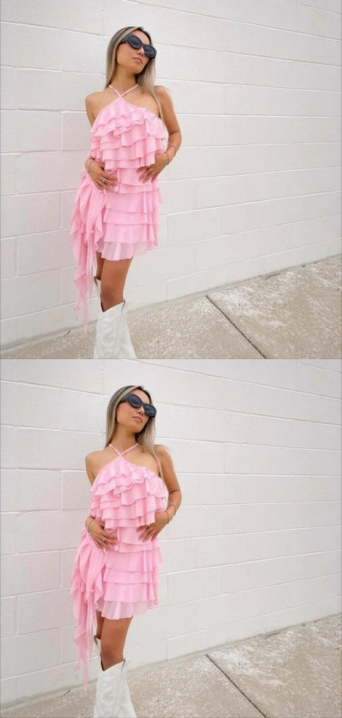 Sexy Pink A-line Spaghetti Straps Mini Short Prom Homecoming Dresses,CM980