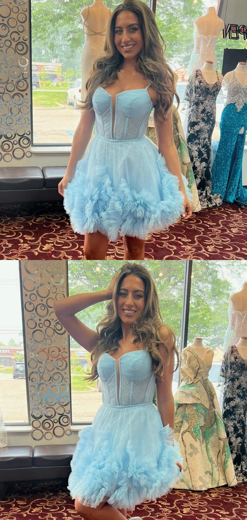Cute Blue A-line Spaghetti Straps Mini Short Prom Homecoming Dresses,CM983