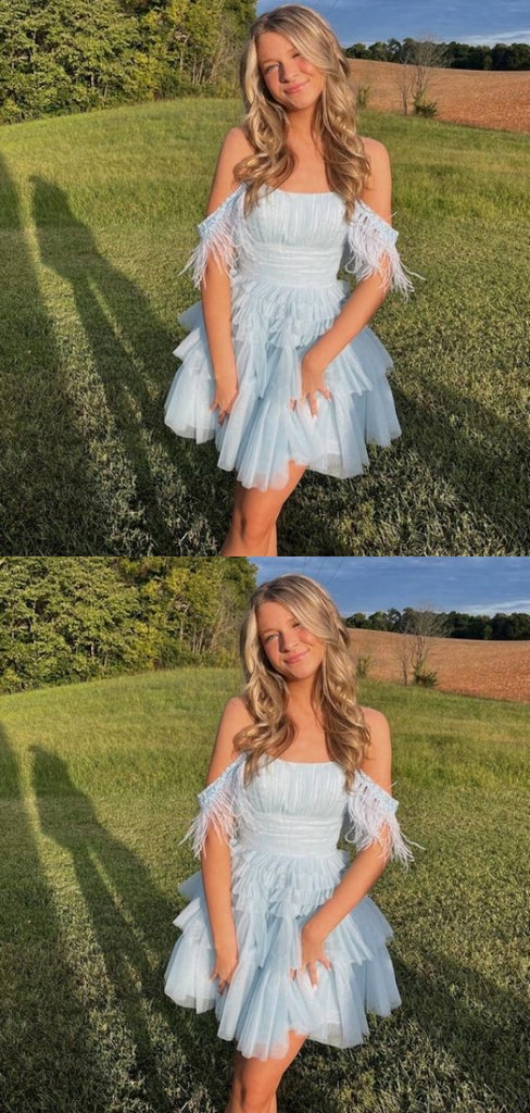 Cute Blue A-line Off Shoulder Mini Short Prom Homecoming Dresses,CM982