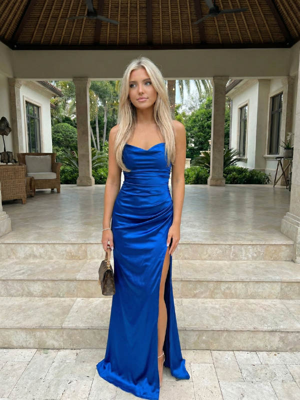 90s Sculpted Cowl Neck Slit Gown with Corset Back Liquid Satin Prom Dress, 26004