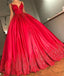 Backless Spaghetti Straps V Neck Red A-line Long Evening Prom Dresses, 17639