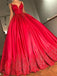 Backless Spaghetti Straps V Neck Red A-line Long Evening Prom Dresses, 17639
