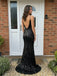 Black Sequin Crystal Cowl Neck Slit Mermaid Prom Dress, 26020