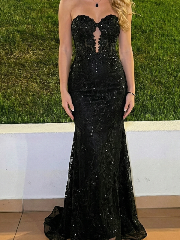 Black Sequin Lace Corset Prom Dress Strapless Open Back Mermaid Gown, 26008