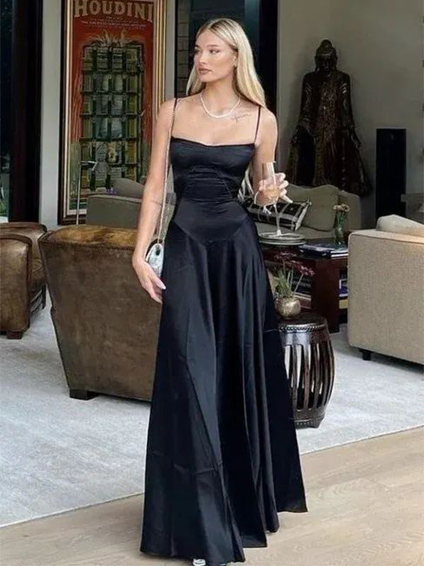 Sexy Black A-line Spaghetti Straps Maxi Long Party Prom Dresses,Evening Dress,13377