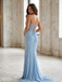 Blue Beaded Illusion Deep V Neck Corset High Slit Prom Dress, 26016
