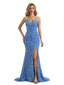 Blue Mermaid Spaghetti Straps V-neck High Slit Cheap Long Prom Dresses,12673