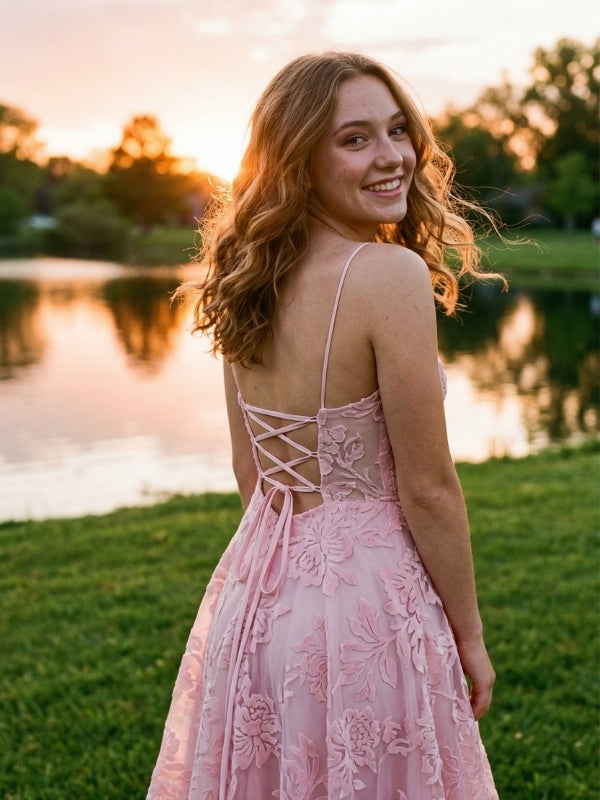 Blush Pink A Line Lace Up Prom Dress with Appliqués, 26029
